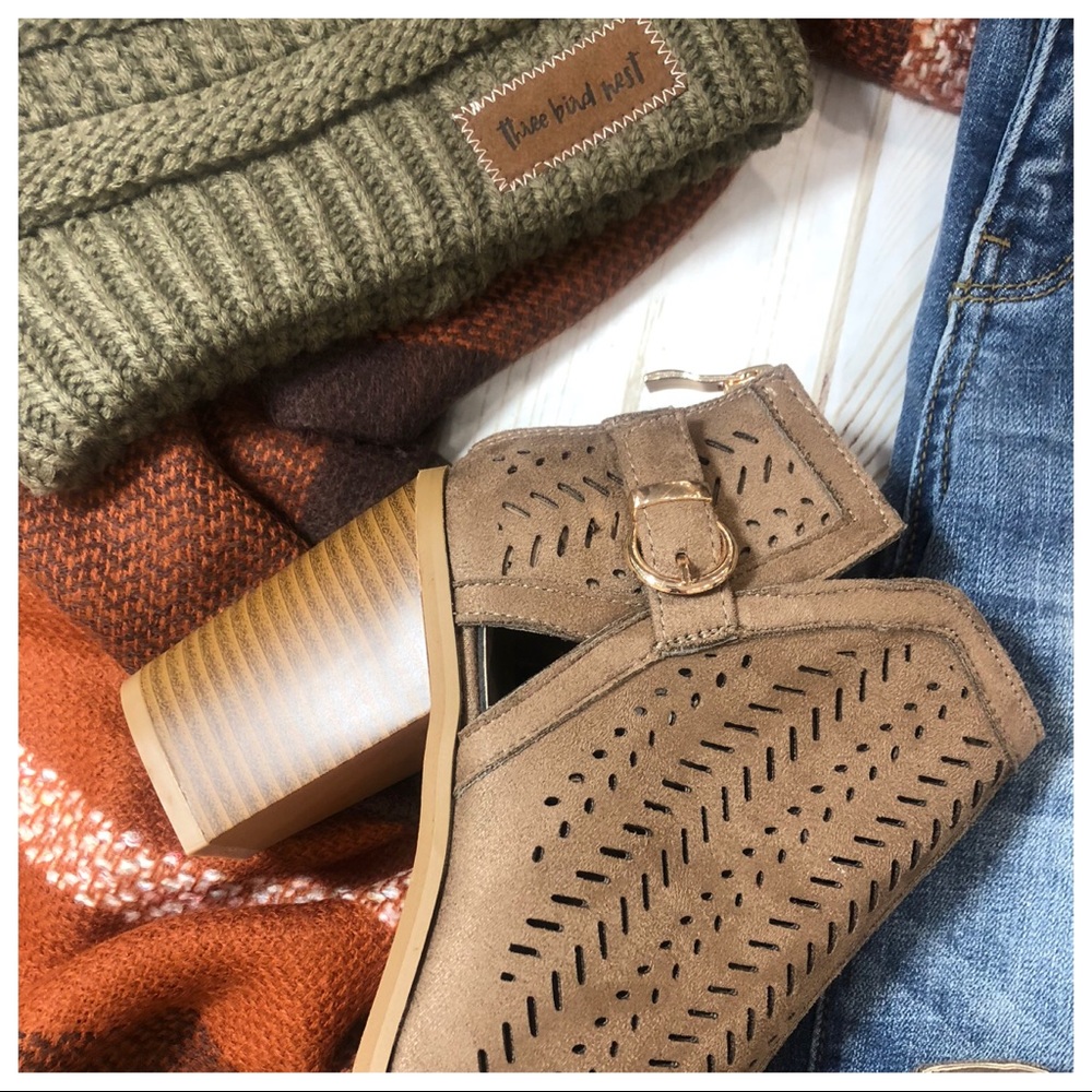 Dark Taupe Open Toe Laser Cut Bootie - Picture 2 of 5